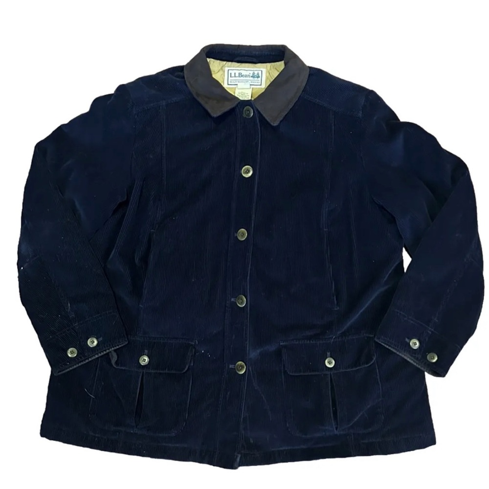 L.L. Bean Mens XL Coat Jacket Navy Thinsulate Pockets Brown Corduroy Collar